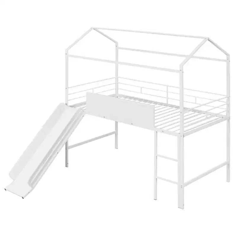 Twin Loft Bed with Slide Metal House Bed with Roof, Low Loft Bed with Writable Wooden Board for Kids Teens