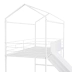 Twin Loft Bed with Slide Metal House Bed with Roof, Low Loft Bed with Writable Wooden Board for Kids Teens