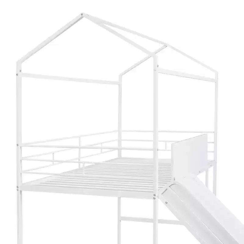 Twin Loft Bed with Slide Metal House Bed with Roof, Low Loft Bed with Writable Wooden Board for Kids Teens