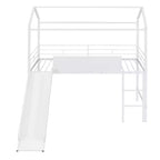 Twin Loft Bed with Slide Metal House Bed with Roof, Low Loft Bed with Writable Wooden Board for Kids Teens