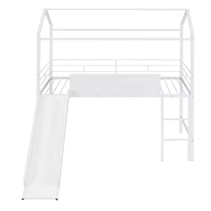 Twin Loft Bed with Slide Metal House Bed with Roof, Low Loft Bed with Writable Wooden Board for Kids Teens