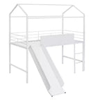 Twin Loft Bed with Slide Metal House Bed with Roof, Low Loft Bed with Writable Wooden Board for Kids Teens