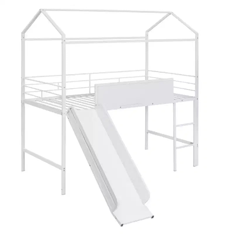 Twin Loft Bed with Slide Metal House Bed with Roof, Low Loft Bed with Writable Wooden Board for Kids Teens