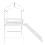 Twin Loft Bed with Slide Metal House Bed with Roof, Low Loft Bed with Writable Wooden Board for Kids Teens