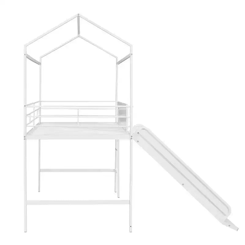 Twin Loft Bed with Slide Metal House Bed with Roof, Low Loft Bed with Writable Wooden Board for Kids Teens
