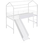Twin Loft Bed with Slide Metal House Bed with Roof, Low Loft Bed with Writable Wooden Board for Kids Teens