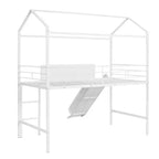 Twin Loft Bed with Slide Metal House Bed with Roof, Low Loft Bed with Writable Wooden Board for Kids Teens