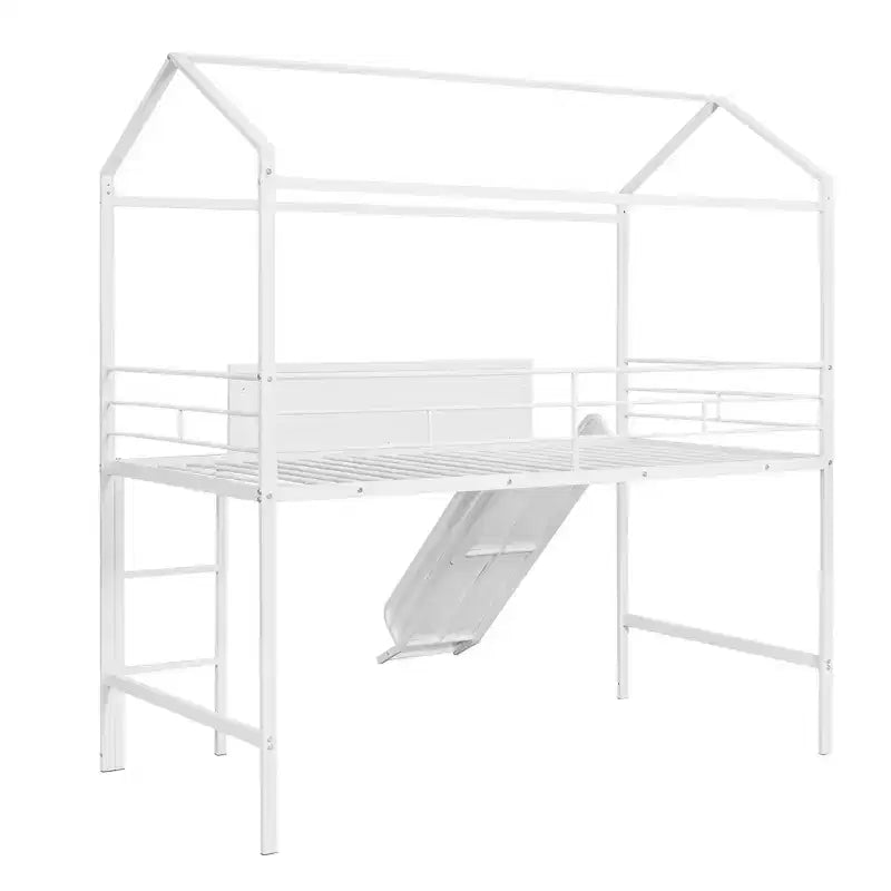 Twin Loft Bed with Slide Metal House Bed with Roof, Low Loft Bed with Writable Wooden Board for Kids Teens