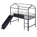Twin Loft Bed with Slide Metal House Bed with Roof, Low Loft Bed with Writable Wooden Board for Kids Teens