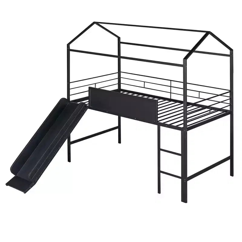Twin Loft Bed with Slide Metal House Bed with Roof, Low Loft Bed with Writable Wooden Board for Kids Teens