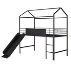 Twin Loft Bed with Slide Metal House Bed with Roof, Low Loft Bed with Writable Wooden Board for Kids Teens