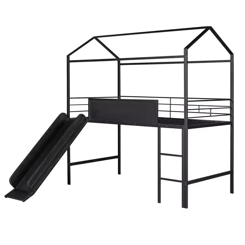 Twin Loft Bed with Slide Metal House Bed with Roof, Low Loft Bed with Writable Wooden Board for Kids Teens