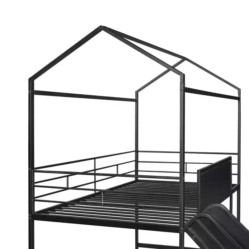 Twin Loft Bed with Slide Metal House Bed with Roof, Low Loft Bed with Writable Wooden Board for Kids Teens