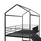 Twin Loft Bed with Slide Metal House Bed with Roof, Low Loft Bed with Writable Wooden Board for Kids Teens