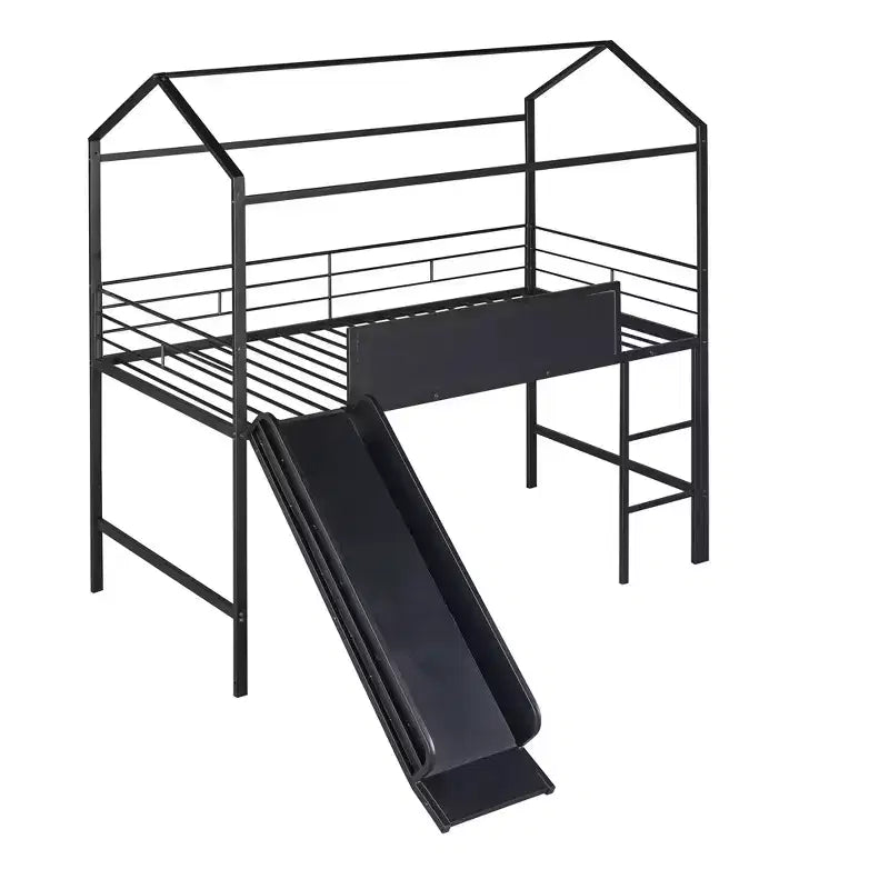 Twin Loft Bed with Slide Metal House Bed with Roof, Low Loft Bed with Writable Wooden Board for Kids Teens