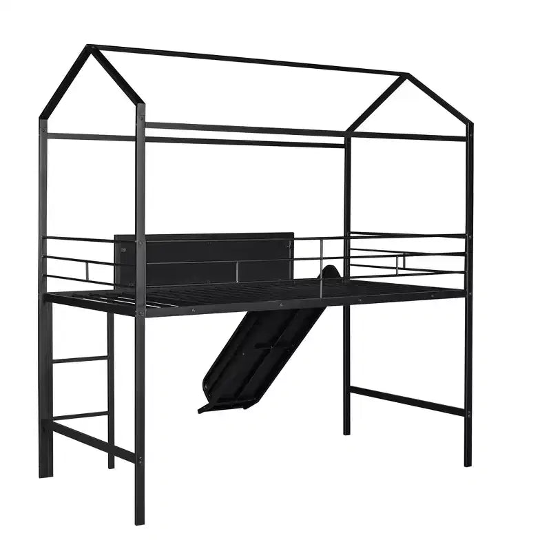 Twin Loft Bed with Slide Metal House Bed with Roof, Low Loft Bed with Writable Wooden Board for Kids Teens
