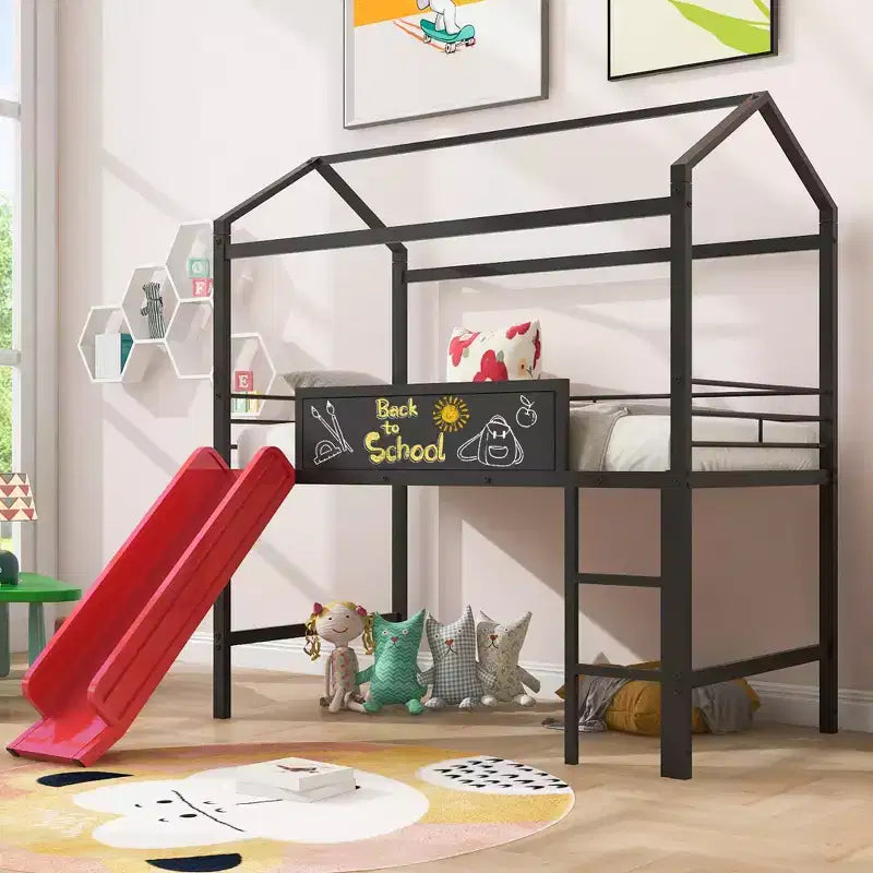 Twin Loft Bed with Slide Metal House Bed with Roof, Low Loft Bed with Writable Wooden Board for Kids Teens