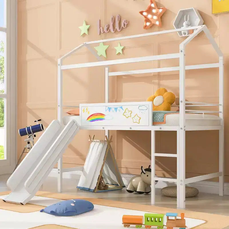 Twin Loft Bed with Slide Metal House Bed with Roof, Low Loft Bed with Writable Wooden Board for Kids Teens