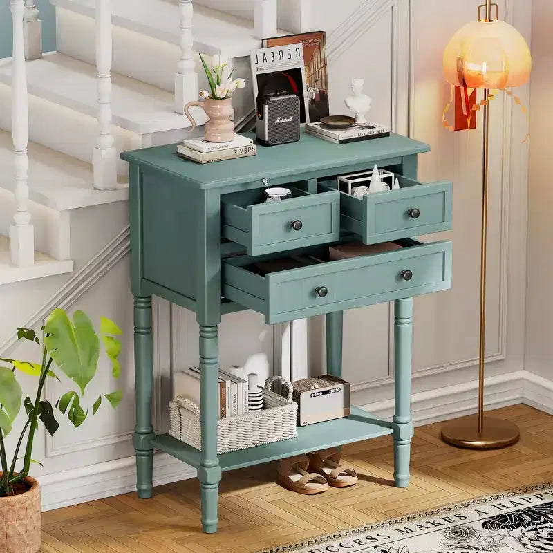 Juliana Solid Wood Console Table with Storage Drawers and Bottom Shelf