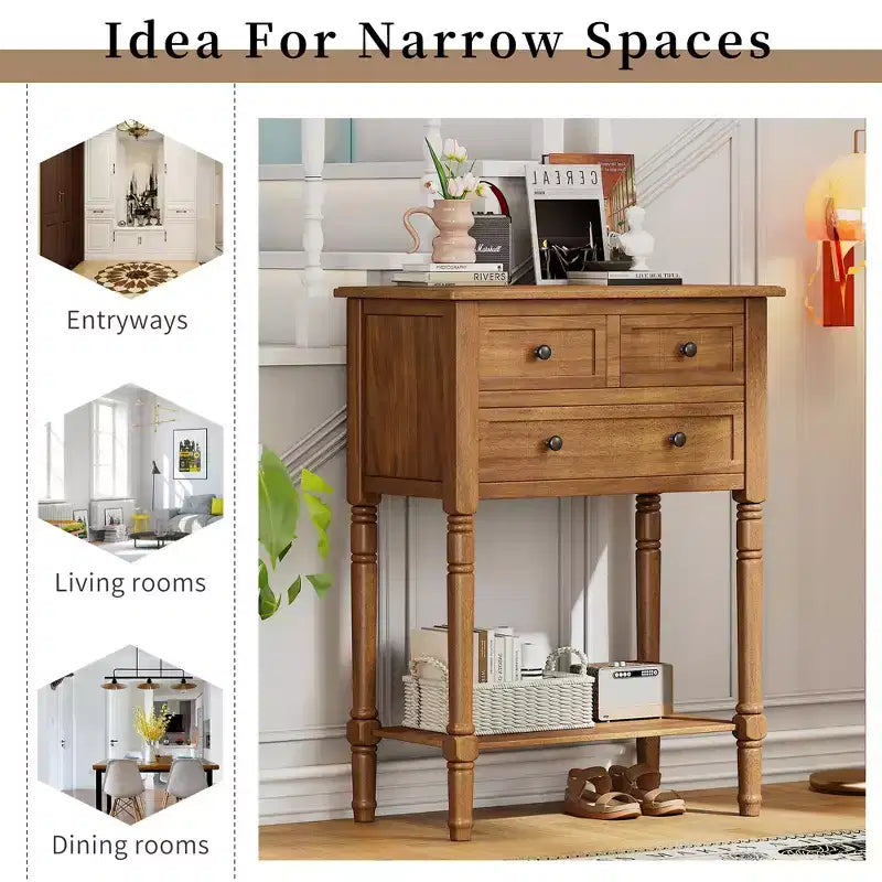 Juliana Solid Wood Console Table with Storage Drawers and Bottom Shelf