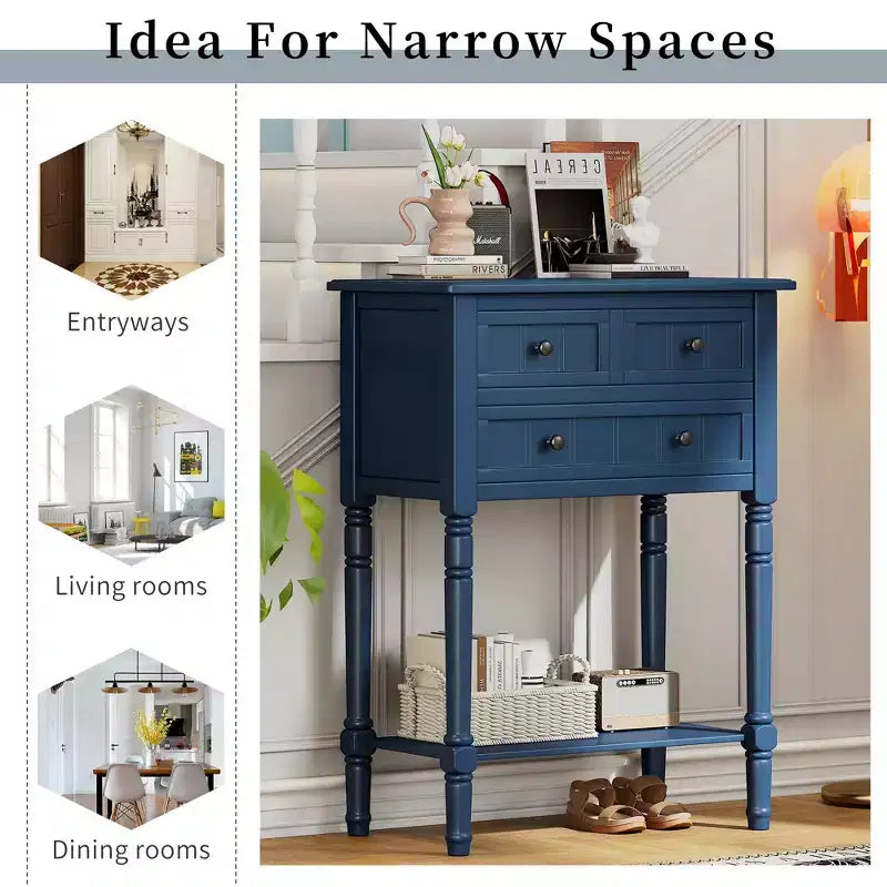 Juliana Solid Wood Console Table with Storage Drawers and Bottom Shelf