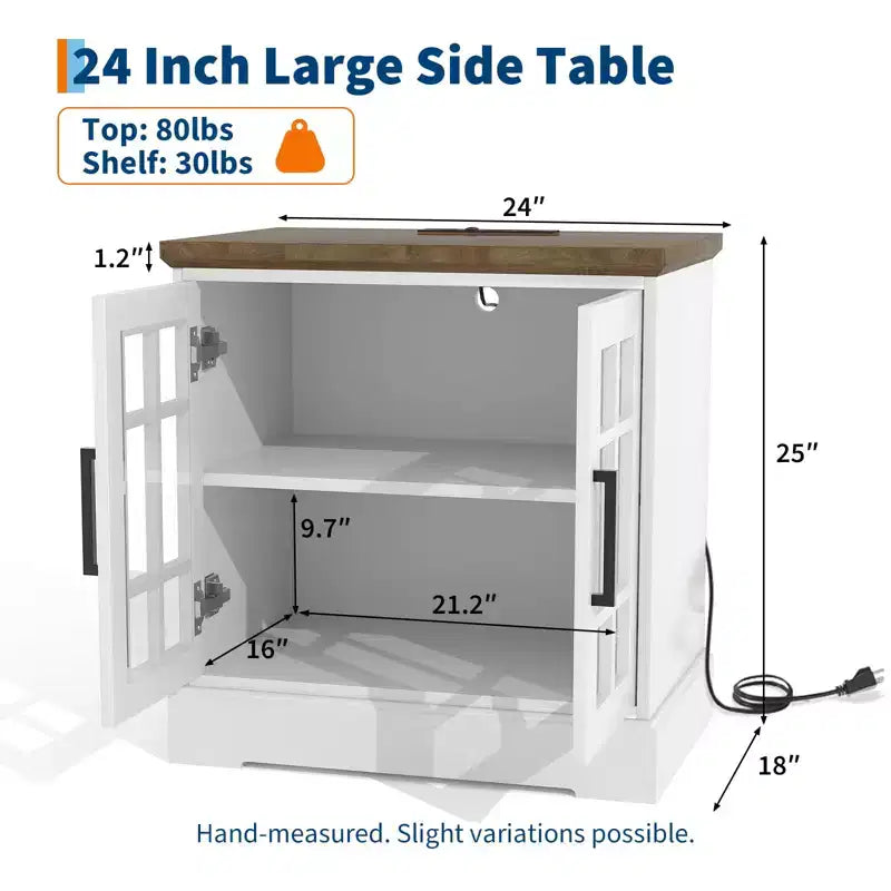 24 Modern End Table, Wood Bedroom Nightstand with Glass Door, Accent Sofa Side Table with Adjustable Shelf, Narrow Bedside Table for Small Space
