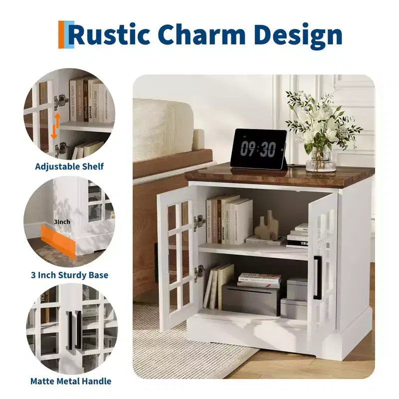 24 Modern End Table, Wood Bedroom Nightstand with Glass Door, Accent Sofa Side Table with Adjustable Shelf, Narrow Bedside Table for Small Space