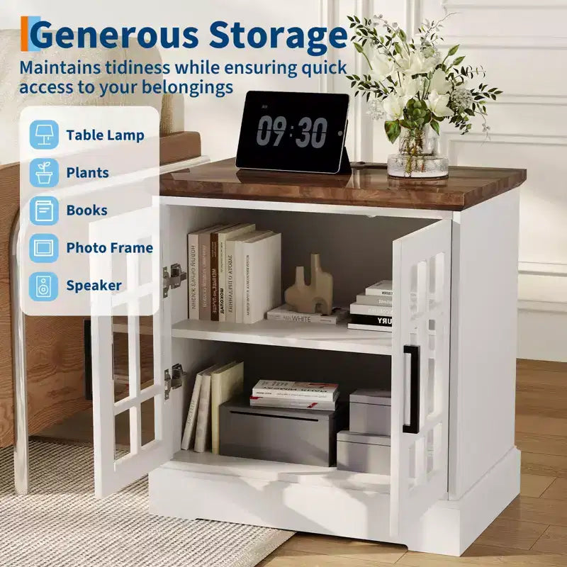 24 Modern End Table, Wood Bedroom Nightstand with Glass Door, Accent Sofa Side Table with Adjustable Shelf, Narrow Bedside Table for Small Space
