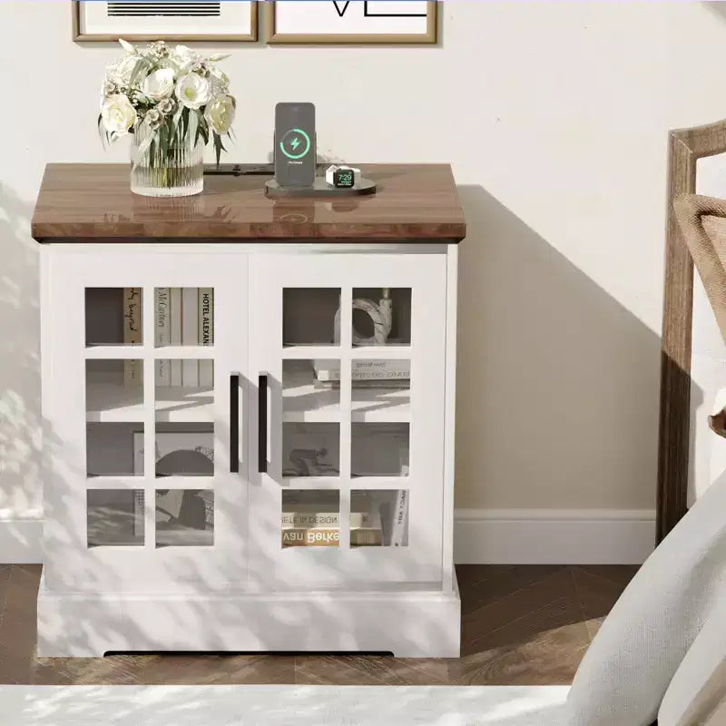24 Modern End Table, Wood Bedroom Nightstand with Glass Door, Accent Sofa Side Table with Adjustable Shelf, Narrow Bedside Table for Small Space