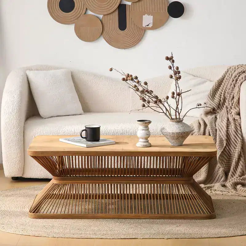 Mid-Century Modern Bamboo Rectangular Coffee Table