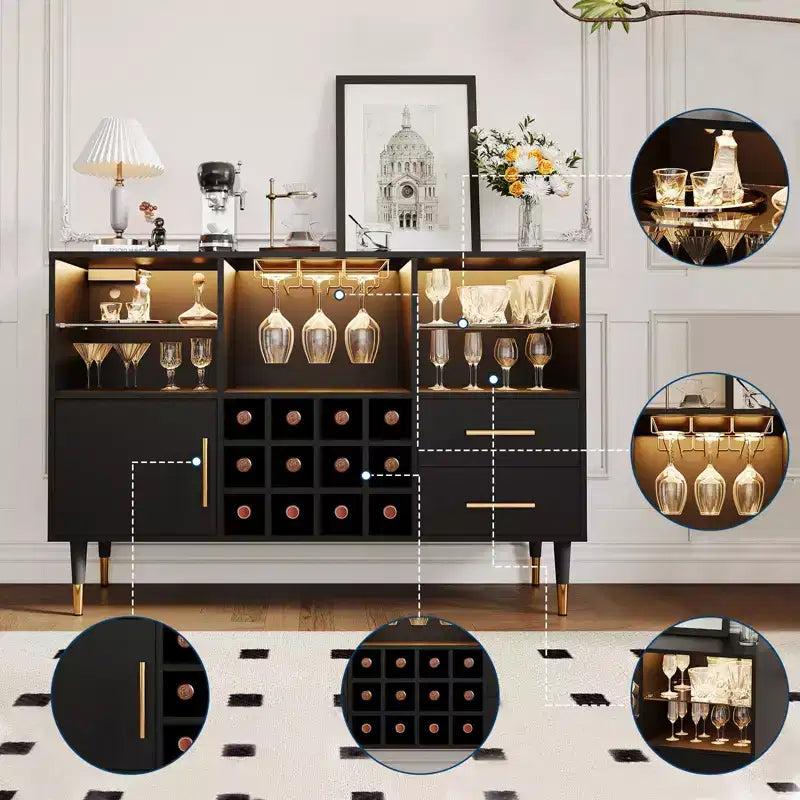47in Wine Bar Cabinet, Modern Kitchen Sideboard Buffet Cabinet Wood Liquor Coffee Bar and Wine Racks for Living Room
