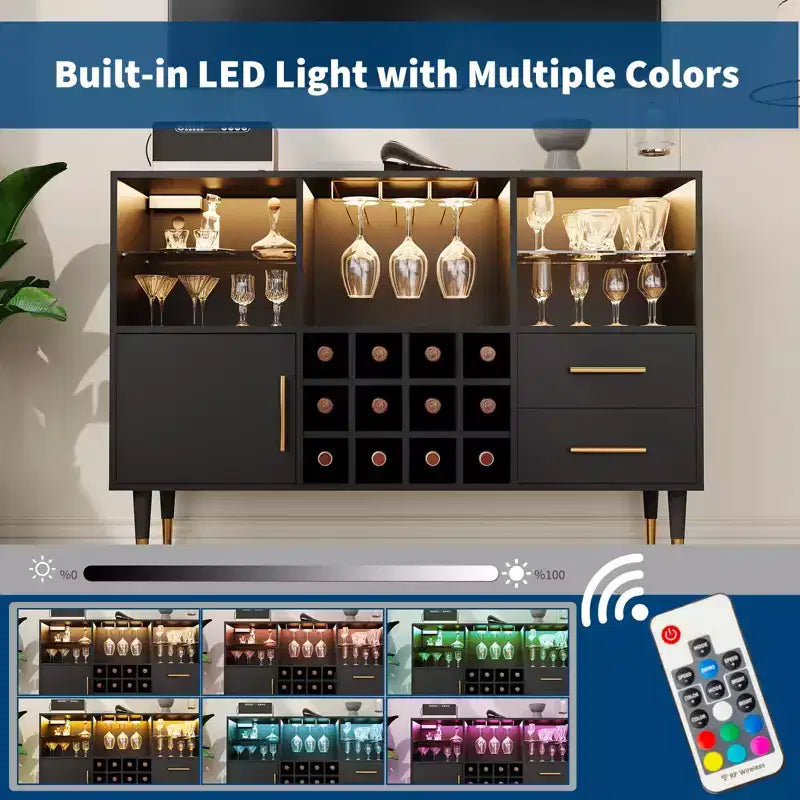 47in Wine Bar Cabinet, Modern Kitchen Sideboard Buffet Cabinet Wood Liquor Coffee Bar and Wine Racks for Living Room