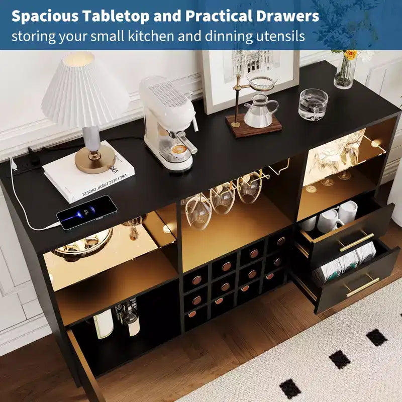 47in Wine Bar Cabinet, Modern Kitchen Sideboard Buffet Cabinet Wood Liquor Coffee Bar and Wine Racks for Living Room