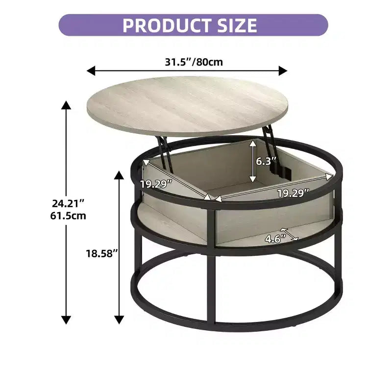 Round Lift Top Coffee Table with Storage and Hidden Compartment Wood Farmhouse Center Table For Living Room