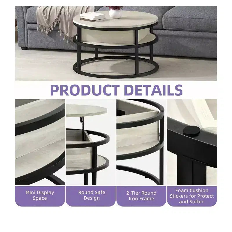 Round Lift Top Coffee Table with Storage and Hidden Compartment Wood Farmhouse Center Table For Living Room