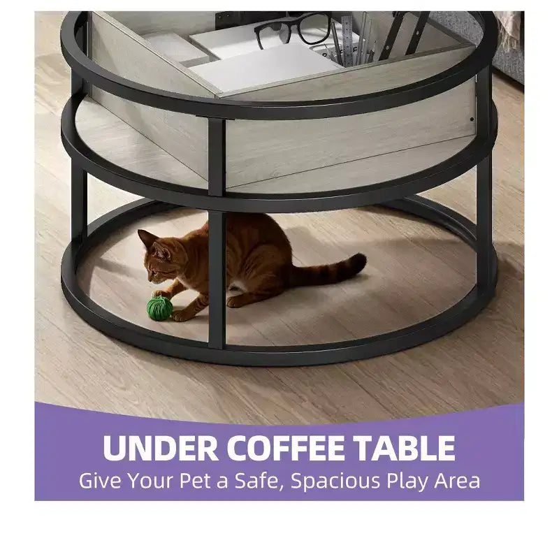 Round Lift Top Coffee Table with Storage and Hidden Compartment Wood Farmhouse Center Table For Living Room