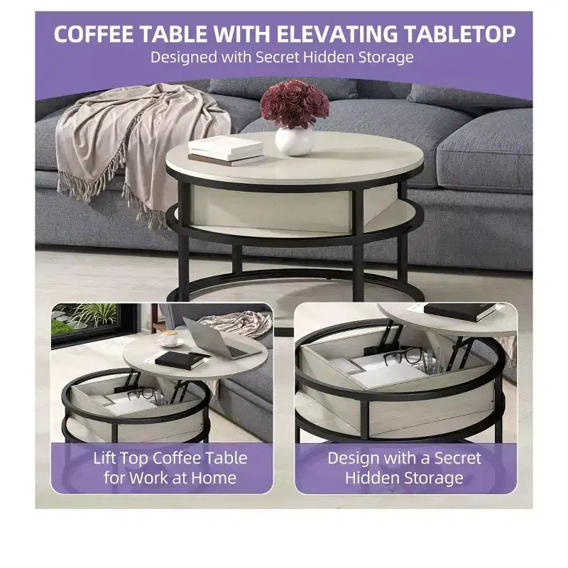 Round Lift Top Coffee Table with Storage and Hidden Compartment Wood Farmhouse Center Table For Living Room