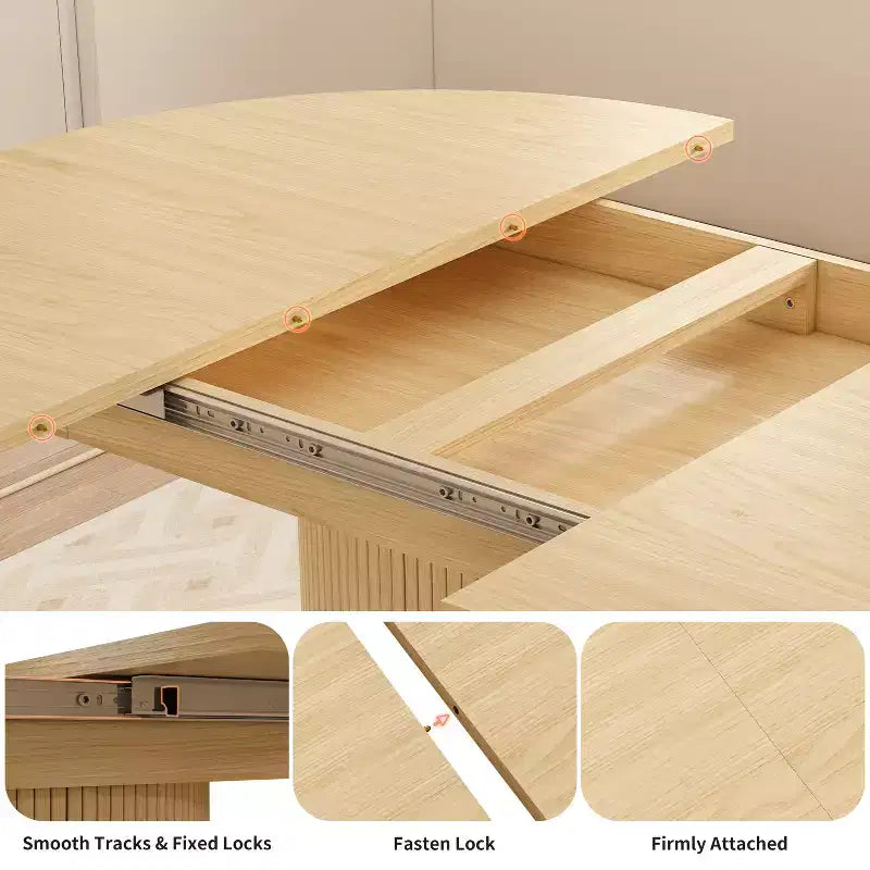 Extendable Dining Table 43-59 for 4-6 People, Solid Wood Top with Fluted Slide Door & 8-Compartment Storage, Space Saving Furniture