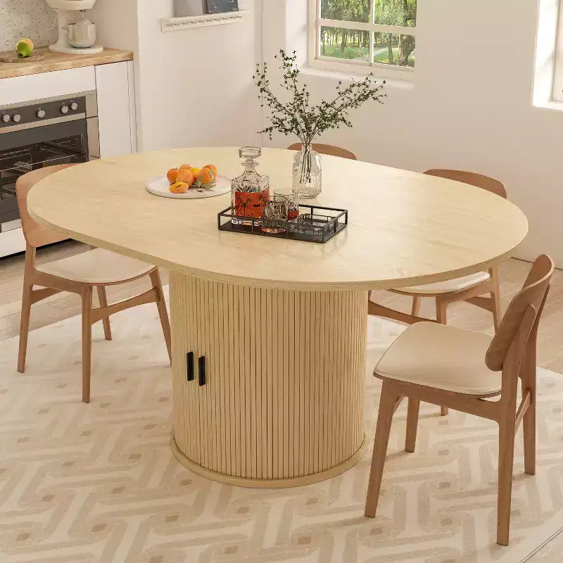 Extendable Dining Table 43-59 for 4-6 People, Solid Wood Top with Fluted Slide Door & 8-Compartment Storage, Space Saving Furniture
