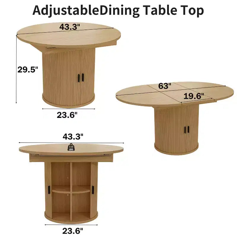 Extendable Dining Table 43-59 for 4-6 People, Solid Wood Top with Fluted Slide Door & 8-Compartment Storage, Space Saving Furniture