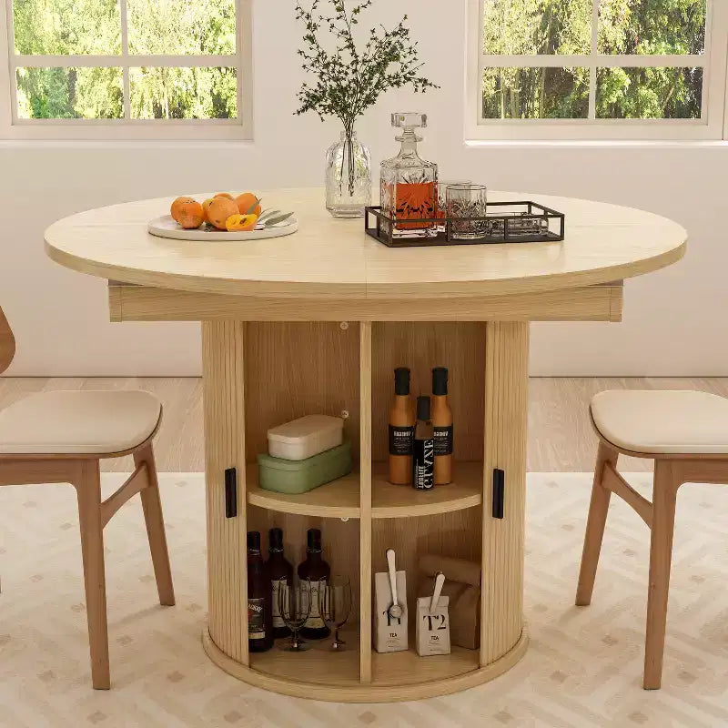 Extendable Dining Table 43-59 for 4-6 People, Solid Wood Top with Fluted Slide Door & 8-Compartment Storage, Space Saving Furniture