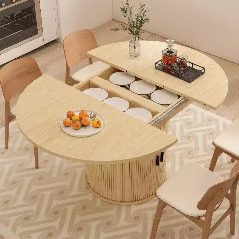 Extendable Dining Table 43-59 for 4-6 People, Solid Wood Top with Fluted Slide Door & 8-Compartment Storage, Space Saving Furniture