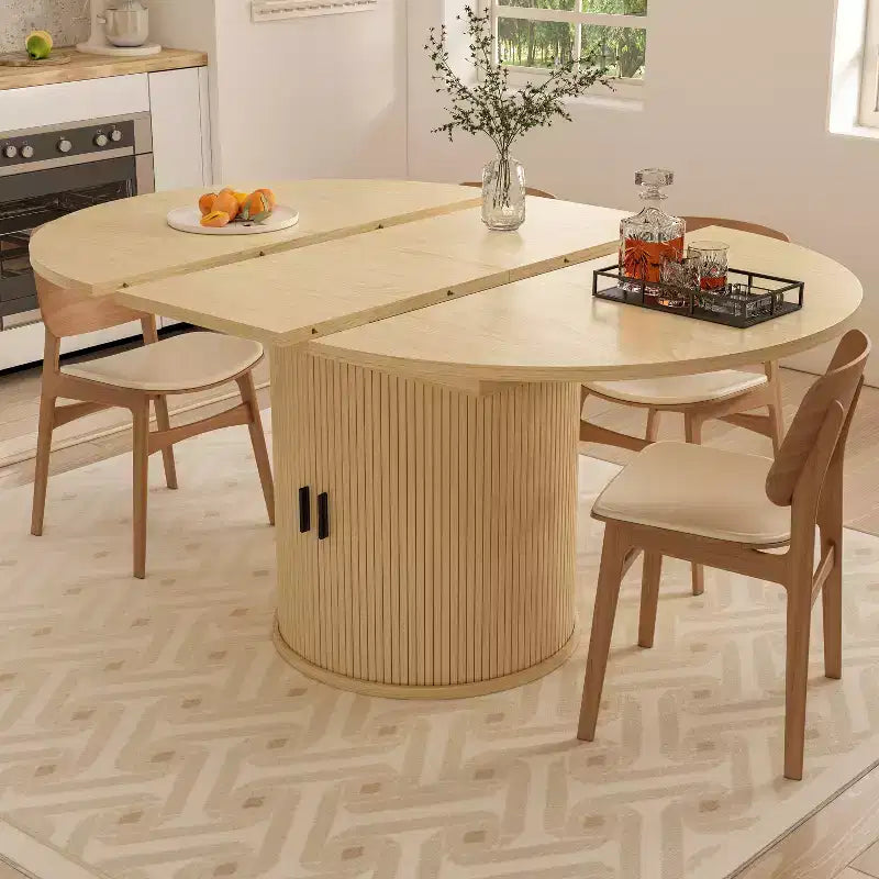 Extendable Dining Table 43-59 for 4-6 People, Solid Wood Top with Fluted Slide Door & 8-Compartment Storage, Space Saving Furniture