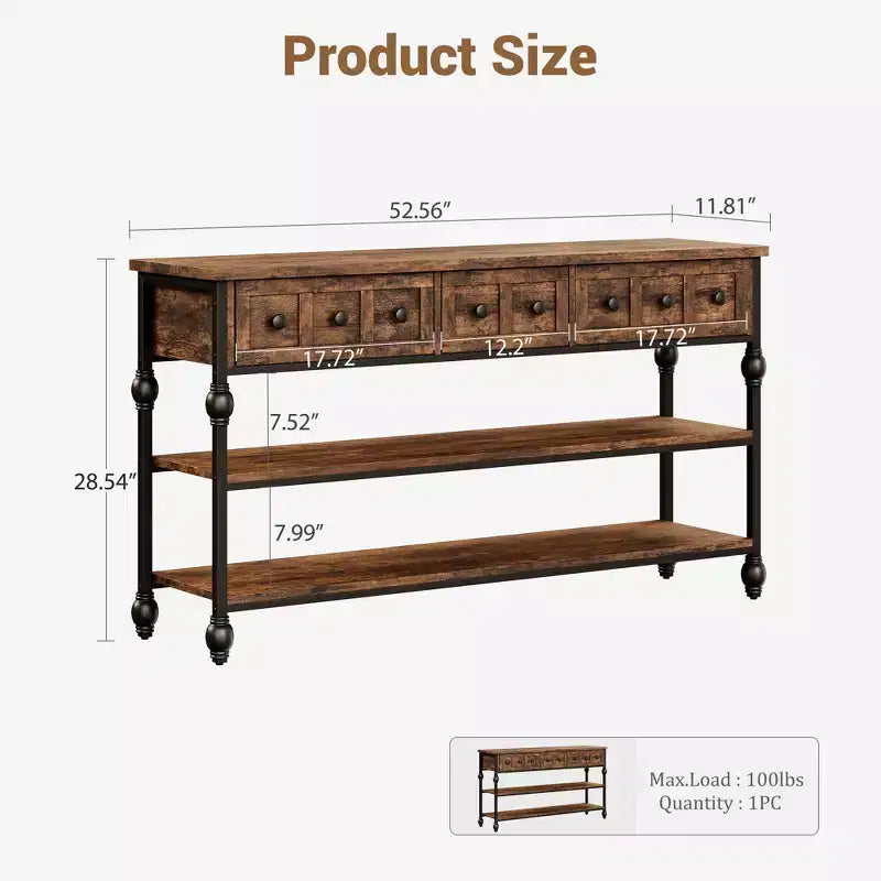 Sofa Table with Storage Drawers, 3 Tier Metal Console TableEntrywayTable, Behind Couch Table, Hallway Table for Entry, Living Room