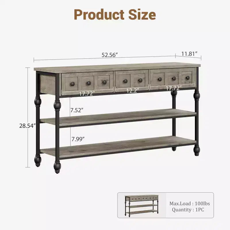 Sofa Table with Storage Drawers, 3 Tier Metal Console TableEntrywayTable, Behind Couch Table, Hallway Table for Entry, Living Room
