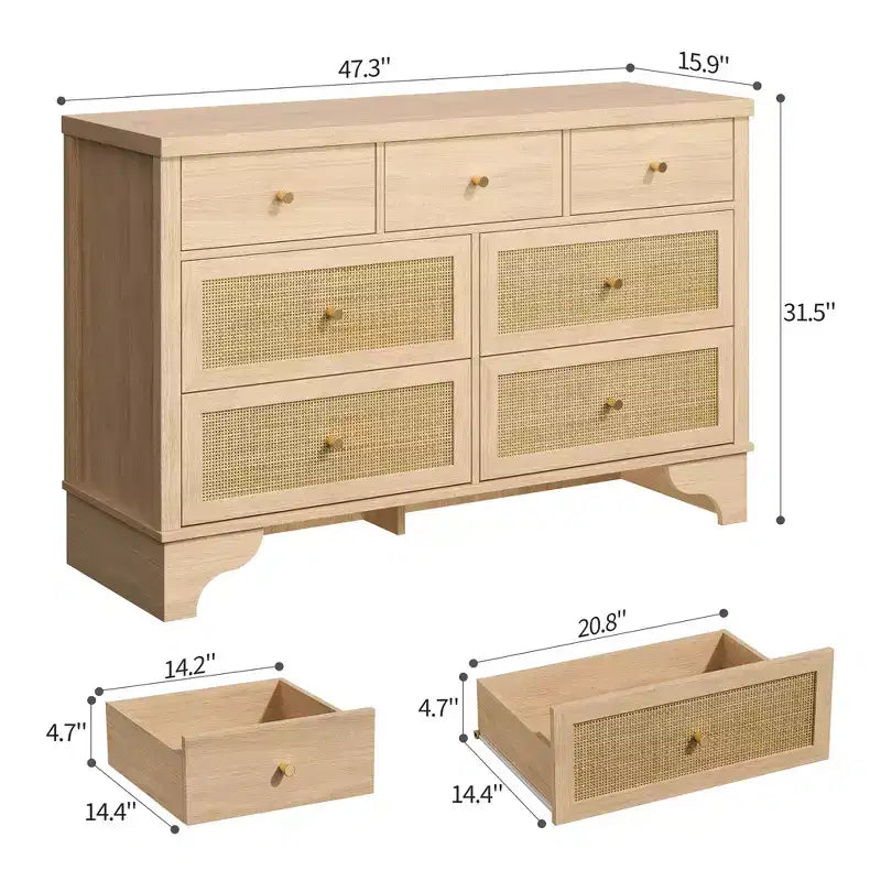 7 Drawer Dresser for Bedroom,47.3'' Wide Rattan Dressers,Large Chest of Drawers,Boho Closet Organizer for Living Room,Entryway and Hallway
