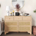 7 Drawer Dresser for Bedroom,47.3'' Wide Rattan Dressers,Large Chest of Drawers,Boho Closet Organizer for Living Room,Entryway and Hallway