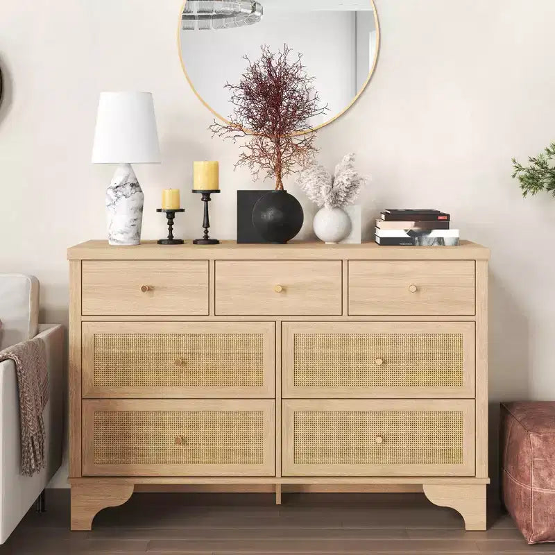 7 Drawer Dresser for Bedroom,47.3'' Wide Rattan Dressers,Large Chest of Drawers,Boho Closet Organizer for Living Room,Entryway and Hallway