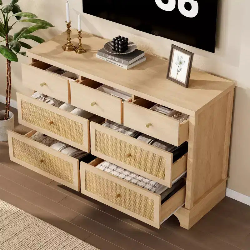 7 Drawer Dresser for Bedroom,47.3'' Wide Rattan Dressers,Large Chest of Drawers,Boho Closet Organizer for Living Room,Entryway and Hallway