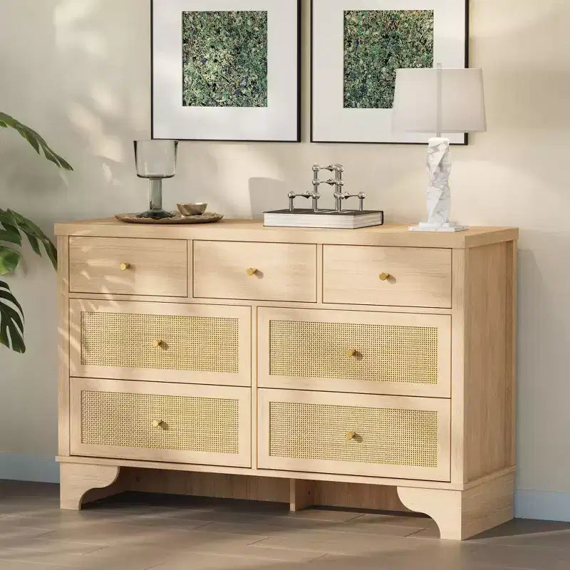 7 Drawer Dresser for Bedroom,47.3'' Wide Rattan Dressers,Large Chest of Drawers,Boho Closet Organizer for Living Room,Entryway and Hallway
